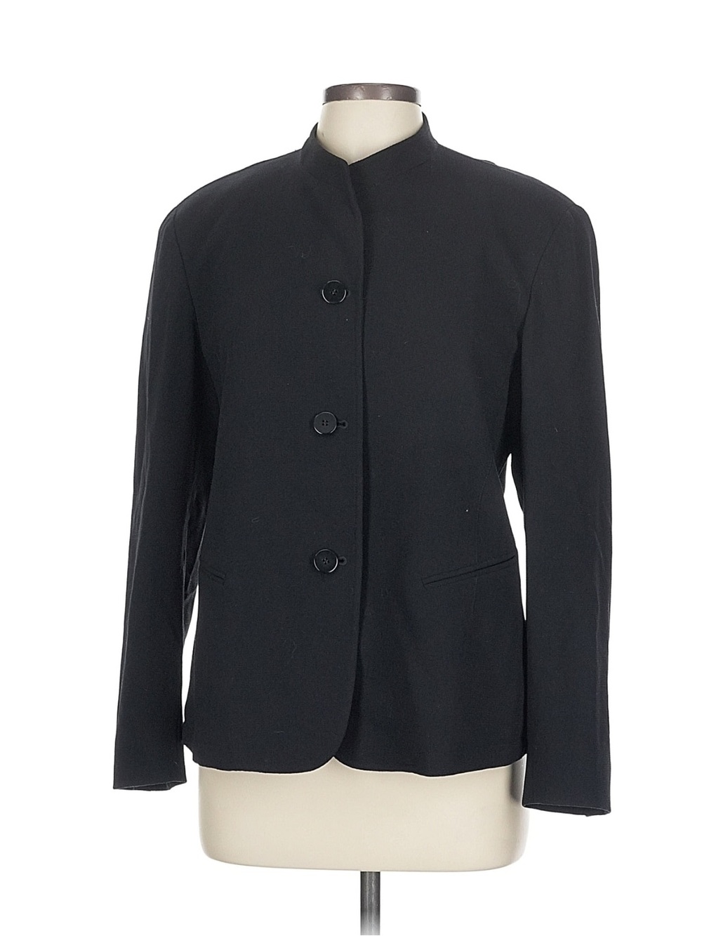 Donna Karan Signature Wool Blazer Jacket Black Stand Collar Lined Size 12 Vntg